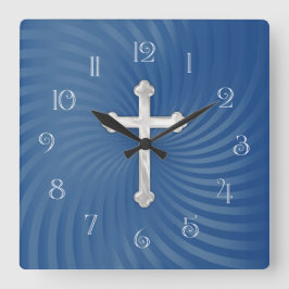 Blaue Swirbelkugel Hintergrund Weißes Frühkreuz Quadratische Wanduhr