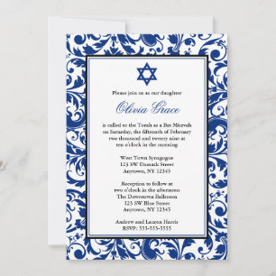 Blaue Swirl Damast Bat Mitzvah Einladungen