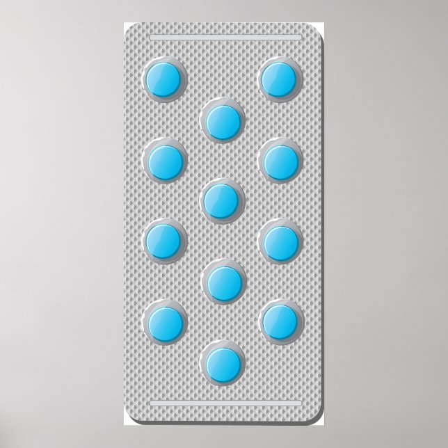 Blaue Tabletten in einem Packungsbeilage Poster (Vorne)
