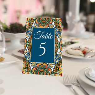 Blaue Talavera-Vintage-Hochzeit in Mexiko Tischnummer