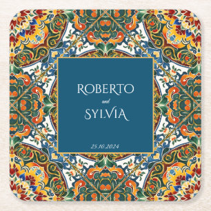 Blaue Talavera-Vintage-Hochzeitsmonogramm mexikani Rechteckiger Pappuntersetzer