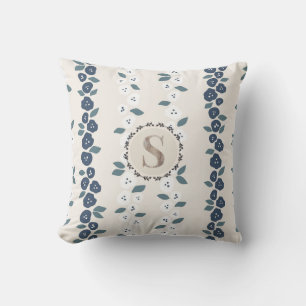 Blaue Tan Blumen-Monogramm Farmhaus Vintage Kissen