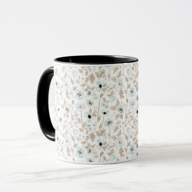 Blaue Tan-Wasserfarben-Blumenmuster-Muster Tasse (Vorderseite Links)