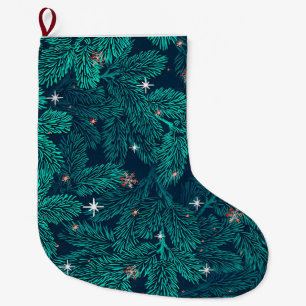 Blaue Tannenzweige mit weißen Schneeflocken Großer Weihnachtsstrumpf