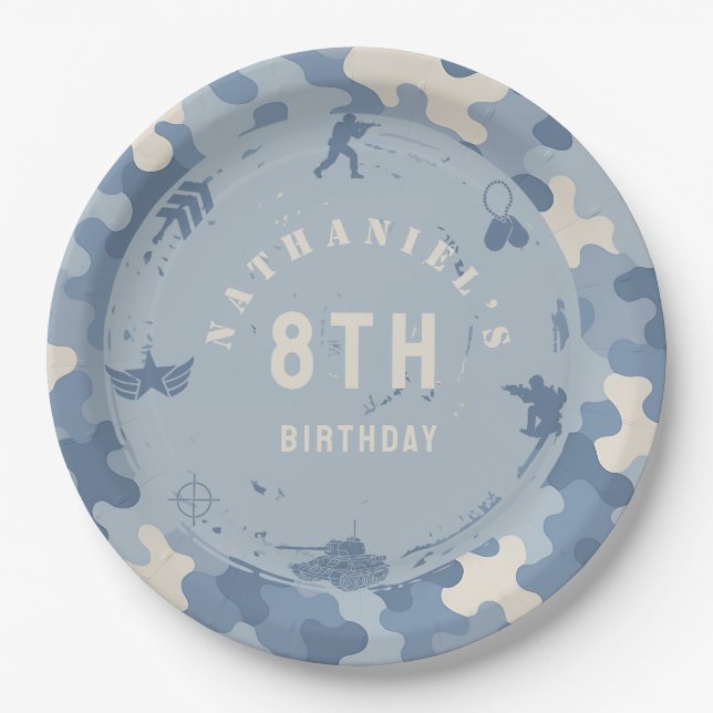 Blaue Tarnung Soldat Armee Geburtstag Pappteller (Vorderseite)