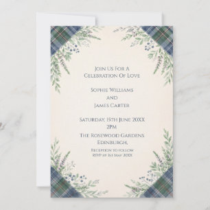 Blaue Tartan-Botanik-Hochzeitseinladung Einladung