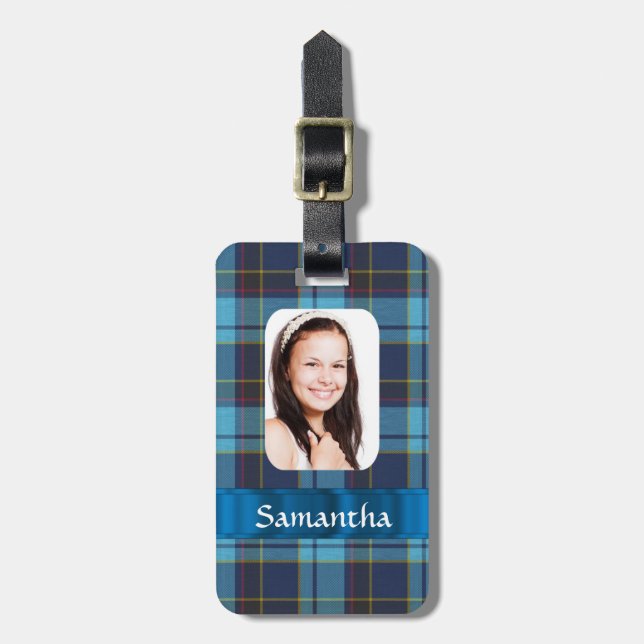 Blaue Tartan-Fotovorlage Gepäckanhänger (Vorderseite vertikal)