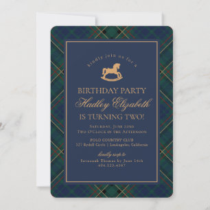 Blaue Tartan-Karo-Klassiker-Schaukelpferd-Geburtst Einladung