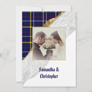 Blaue Tartan-Karo-Spitze-Hochzeits-Foto-Einladung Einladung