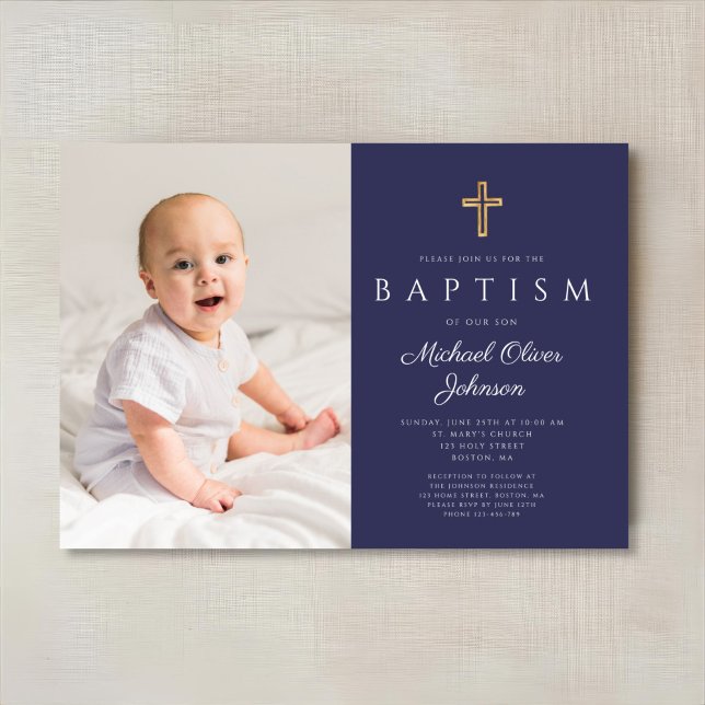 Blaue Taufe für das Foto des Marineblau Einladung (Navy Blue Religious Cross Boy Photo Baptism Invitation)