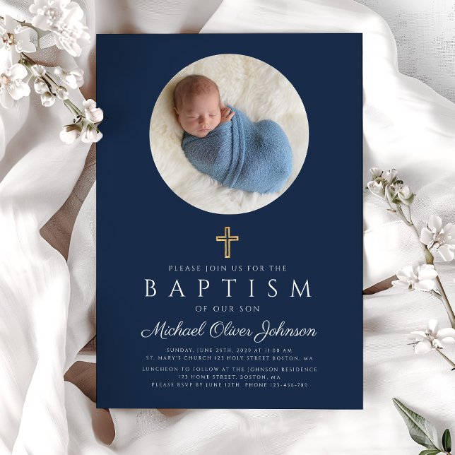Blaue Taufe für das Foto des Marineblau Einladung (Navy Blue Religious Cross Boy Photo Baptism Invitation)