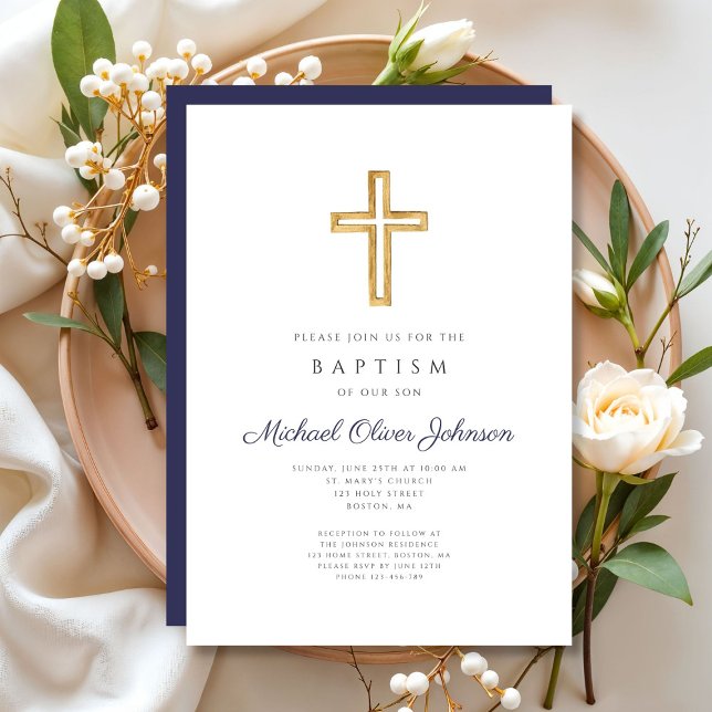 Blaue Taufe für die Seeräuber Einladung (Navy Blue Religious Cross Boy Baptism Invitation)