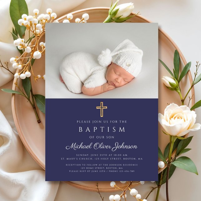 Blaue Taufe für junge Fotos Einladung (Navy Blue Religious Cross Photo Boy Baptism Invitation)