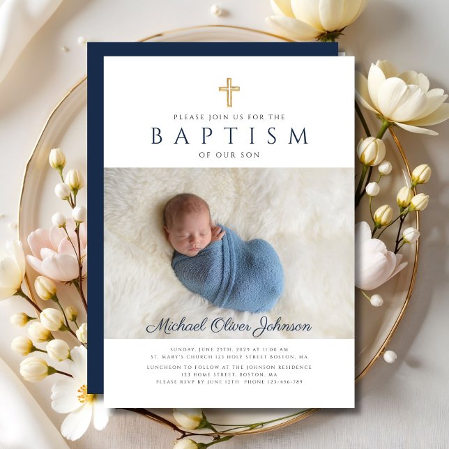Blaue Taufe für junge Fotos Einladung (Navy Blue Religious Cross Photo Boy Baptism Invitation)