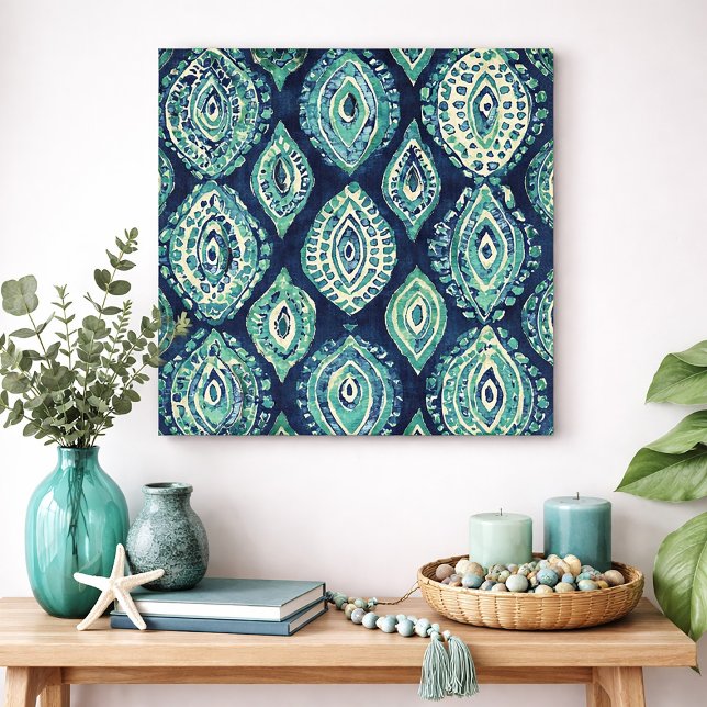 Blaue Teal-Boho-Ikat-Medaillon-Muster Moderne Küst Poster (Blue and green abstract wall art)