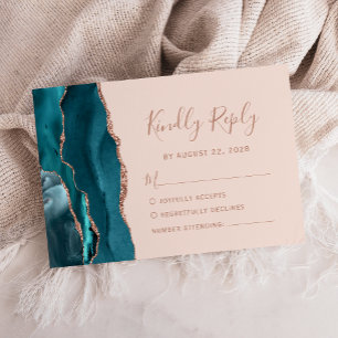 Blaue Teal-Roségold-Achat-Rosa Hochzeit RSVP Karte