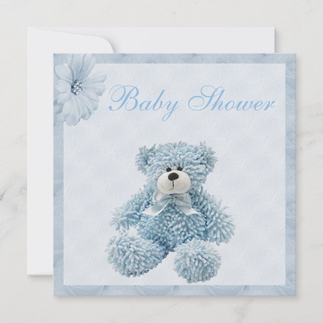 Blaue Teddy-Bärn-u. Blumen-Jungen-Baby-Dusche Einladung (Vorderseite)