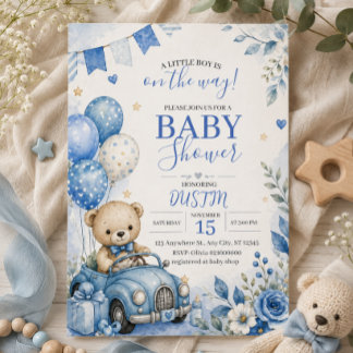 Blaue Teddybär-Autofahrt-Einladung zur Babyparty Einladung