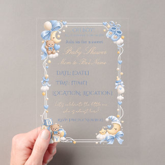 Blaue Teddybär-Baby-Shower-Einladung Acryleinladungen