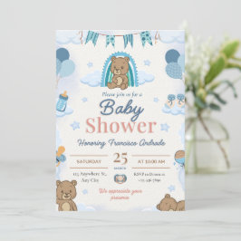 Blaue Teddybär-Baby-Shower-Einladungen. Einladung