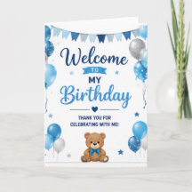 Blaue Teddybär Geburtstags-Willkommenskarte für Ki