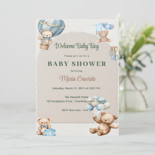 Blaue Teddybär-Heißluftballon-Baby-Shower  Einladung