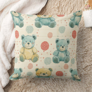 Blaue Teddybär-Pressung mit korallenroten Tupfen Kissen