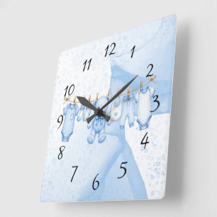 Blaue Teddybär-Wäscheleine Baby Shower Quadratische Wanduhr