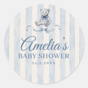 Blaue Teddybär-Wasserfarben-Streifen-Baby-Party Runder Aufkleber