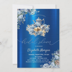 Blaue Teekanne  Florale blaue metallische Babypart Einladung