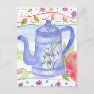 Blaue Teekanne mit Aquarellblumen im Vintage-Stil Postkarte