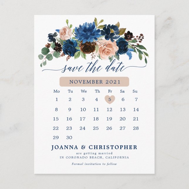 Blaue Terracotta-Rose Botanisch Save the Date Ankündigungspostkarte (Vorderseite)