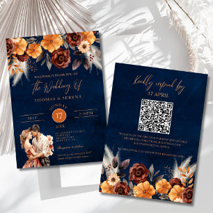 Blaue Terracotta Rust QR Code Pampas Gras Einladung