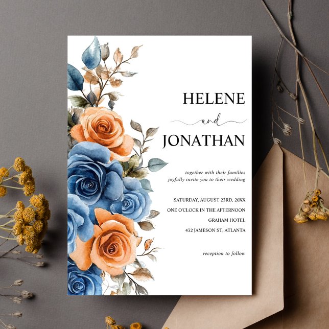 Blaue Terracotta Watercolor Elegante Hochzeit Einladung (Navy Blue Terracotta Watercolor Elegant Wedding Invitation)