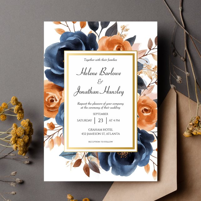 Blaue Terracotta Watercolor Elegante Hochzeit Einladung (Navy Blue Terracotta Watercolor Elegant Wedding Invitation)