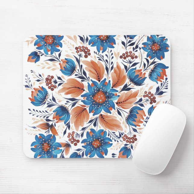 Blaue & Terrakotta-Blumen-Volks kunst-Mauspad Mousepad (Mit Mouse)