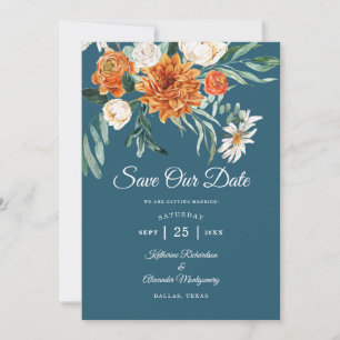 Blaue Terrakotta-Herbst-Blumen-Foto-Hochzeit  Save The Date