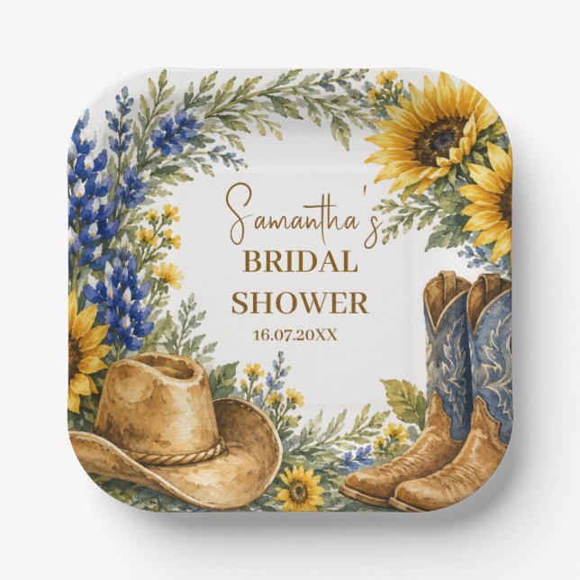 Blaue Texas-Sonnenblumen-Boho-Hochzeitsdusche Pappteller (Vorderseite)