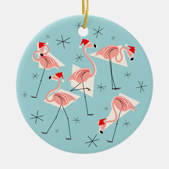 Blaue Textverzierung Flamingo-Sankt rund Keramik Ornament (Vorne)