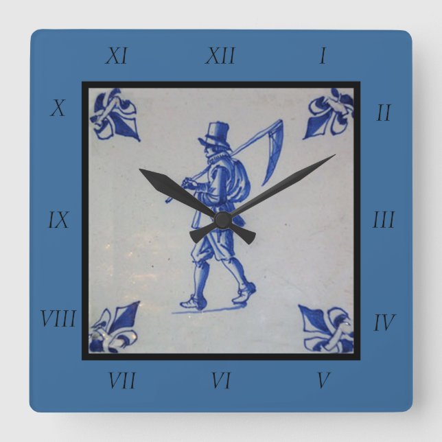 Blaue Tile Delft - Vorlage Quadratische Wanduhr (Vorderseite)