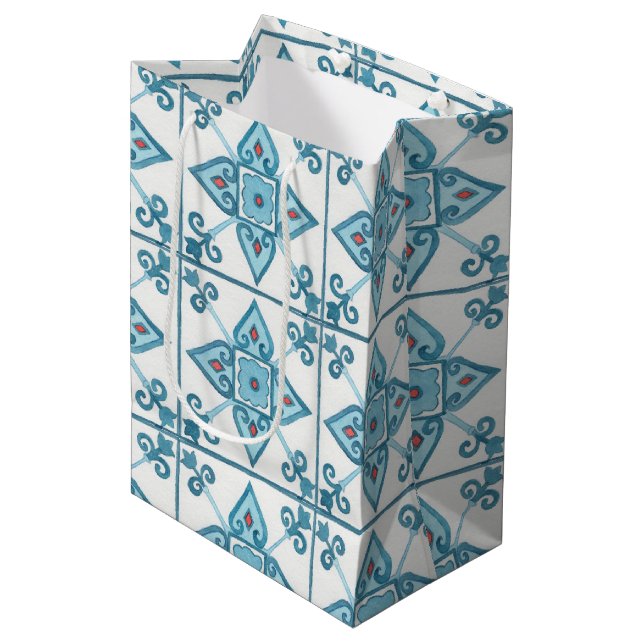 Blaue Tile-Motif Mittlere Geschenktüte (Vorderseite Schrägansicht)