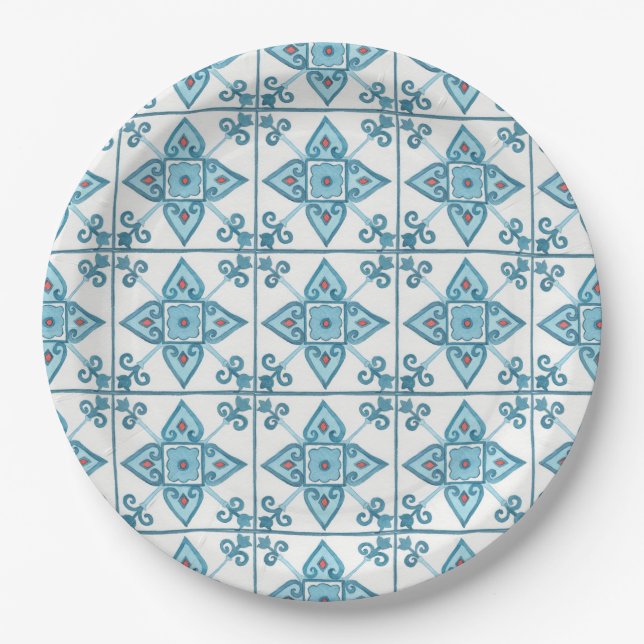 Blaue Tile-Motif Pappteller (Vorderseite)