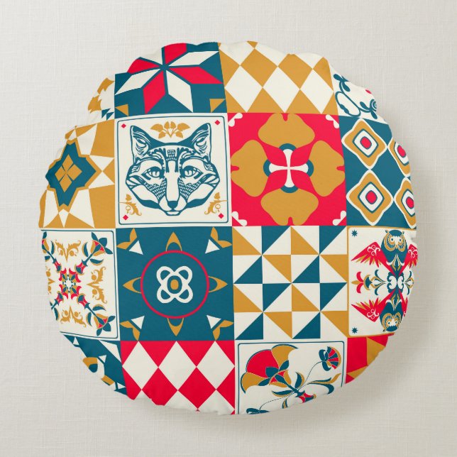 Blaue Tile: Vintager Mosaikhintergrund. Rundes Kissen (Vorderseite)