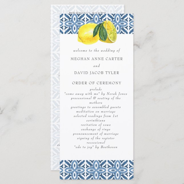 Blaue Tiles Lemons Wedding Programm (Vorne/Hinten)