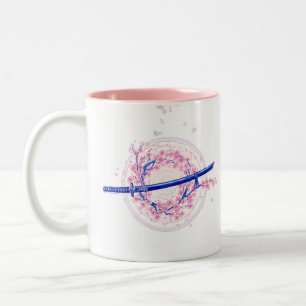 Blaue Tinte Katana & Kirschblüten / Sakura-Tasse Zweifarbige Tasse