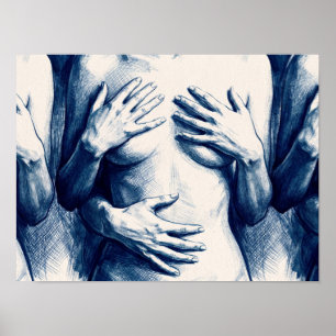 Blaue Tinten Hände umarmen Liniendrawing Poster