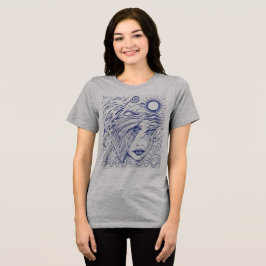 Blaue Tintenlinienkunst Frau Himmelsporträt Tri-Blend Shirt