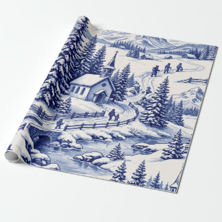 Blaue Toile Alpen-Winterdorf Schneekirche Geschenkpapier