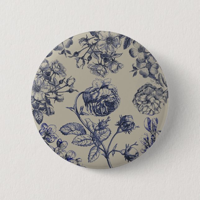 Blaue Toile-Blumenmuster im Vintage-Stil Button (Vorderseite)