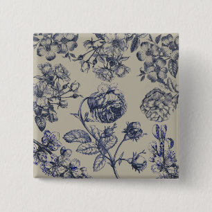 Blaue Toile-Blumenmuster im Vintage-Stil Button